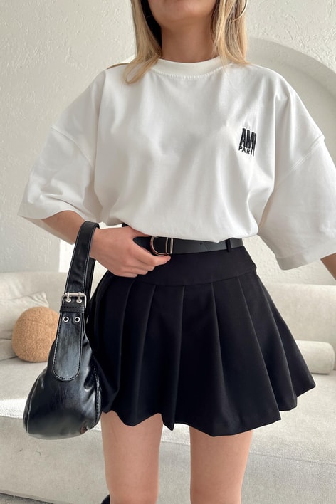 Pileli Oxford Şort Etek Siyah