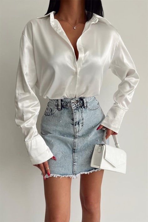 Taşlı Denim Mini Etek Buz Mavi