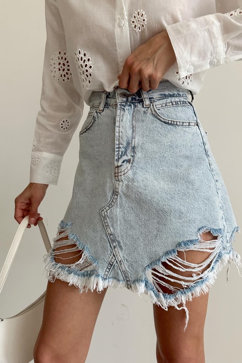 Yırtık Detay Denim Etek Buz Mavi