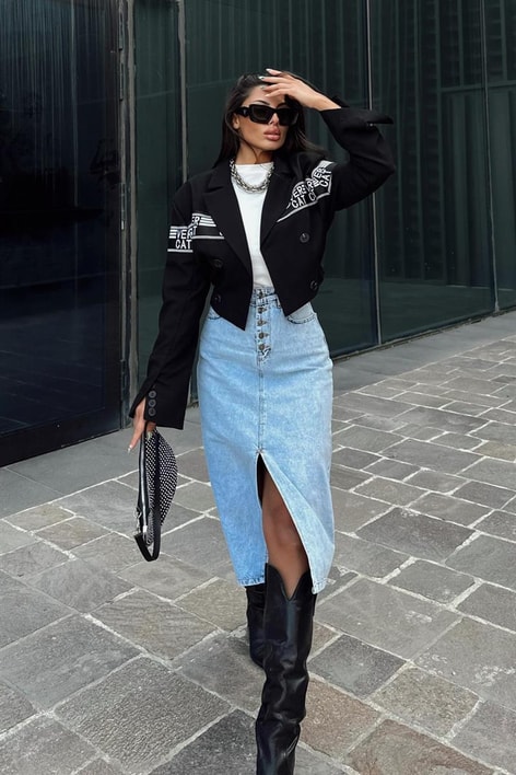 Yırtmaç Detay Düğmeli Denim Etek Buz Mavi