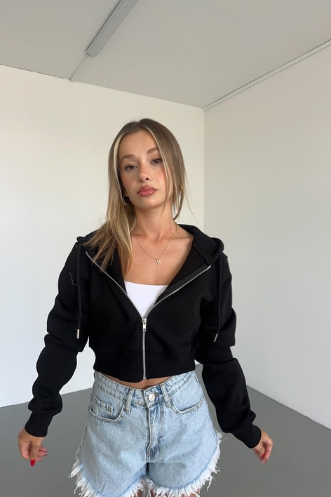 Fermuarlı Crop Hırka Siyah