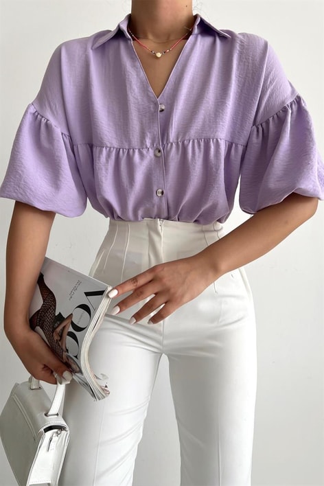 Balon Kol Crop Gömlek Lila