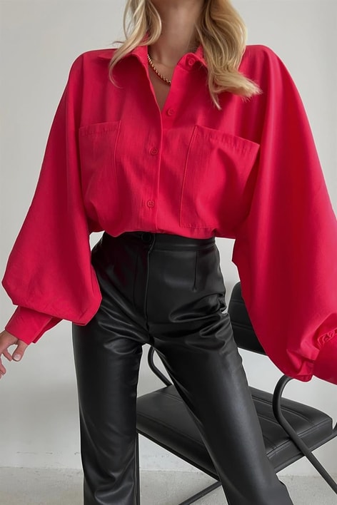 Balon Kol Poplin Gömlek Fuşya