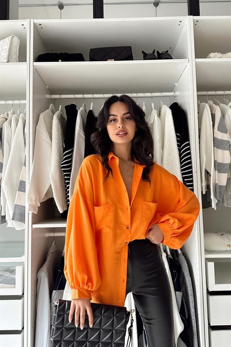 Balon Kollu Cep Detay Gömlek Oranj