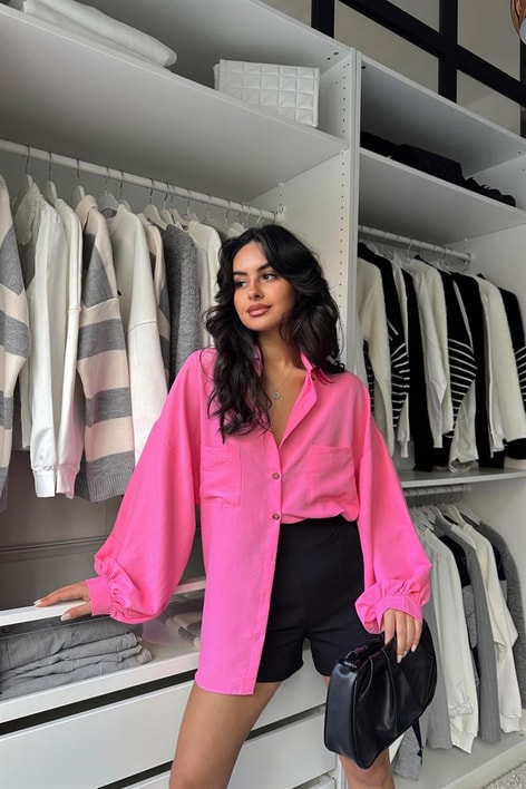 Balon Kollu Cep Detay Gömlek Pembe