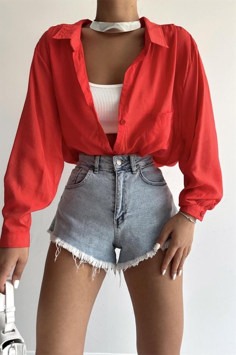 Balon Kollu Salaş Gömlek Kırmızı