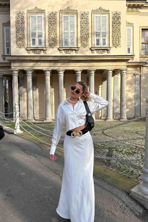 Basic Crop Saten Gömlek Beyaz