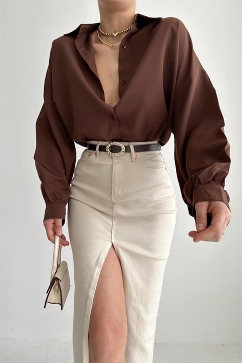 Basic Oversize Gömlek Kahve