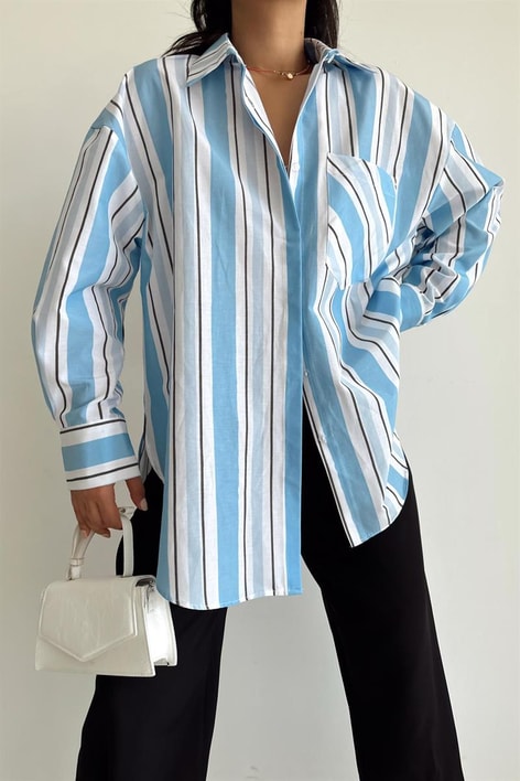 Cep Detay Çizgili Oversize Gömlek Mavi