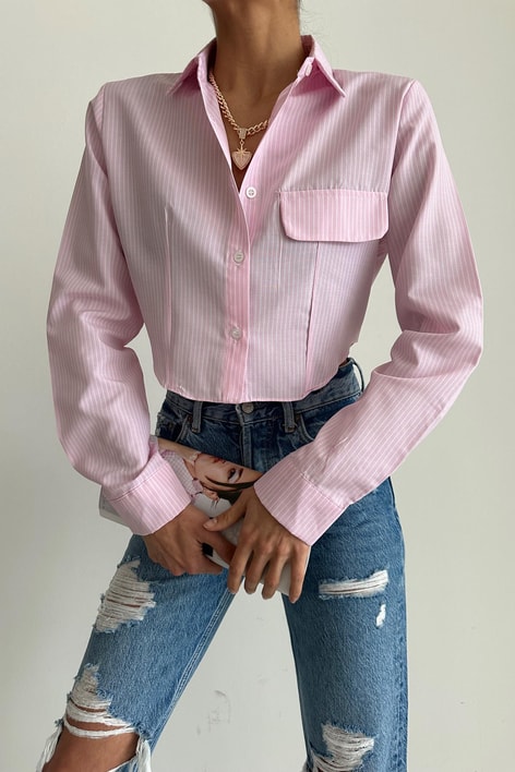 Cep Kapaklı Çizgili Crop Gömlek Pembe