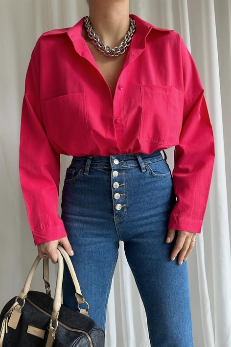 Çift Cepli Uzun Basic Gömlek Fuşya