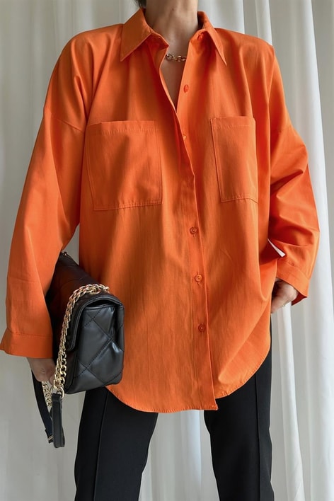 Çift Cepli Uzun Basic Gömlek Oranj