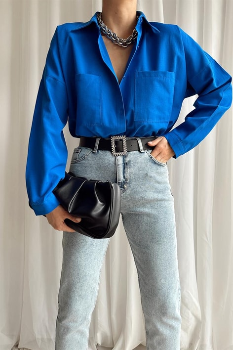 Çift Cepli Uzun Basic Gömlek Saks Mavisi