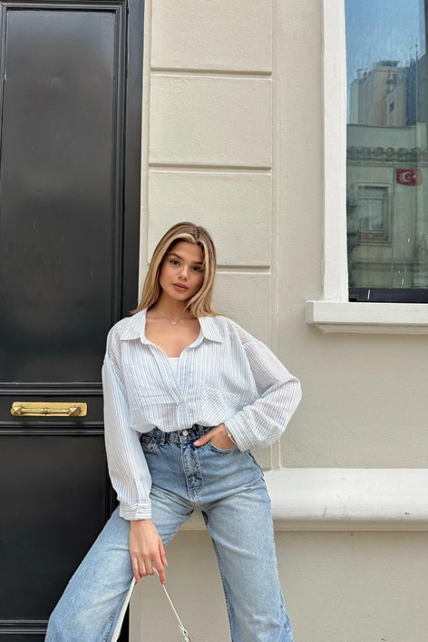 Çizgi Dokulu Gömlek Mavi