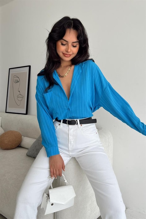 Çizgi Görünümlü Fitil Gömlek Mavi