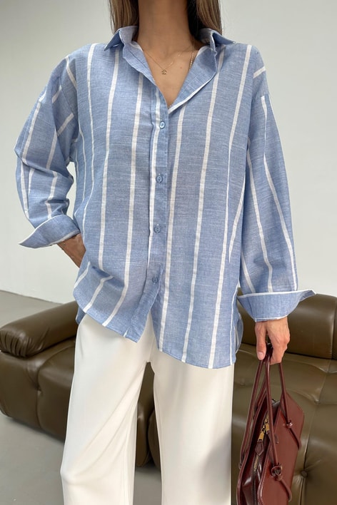 Çizgili Oversize Gömlek Mavi