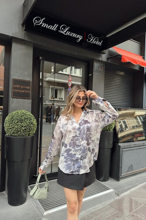 Dark Flower Saten Gömlek Gri