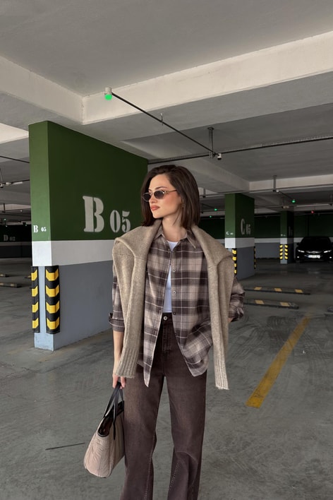 Ekose Desen Oversize Gömlek Kahve