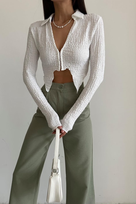 Gofre Asimetrik Crop Gömlek Beyaz