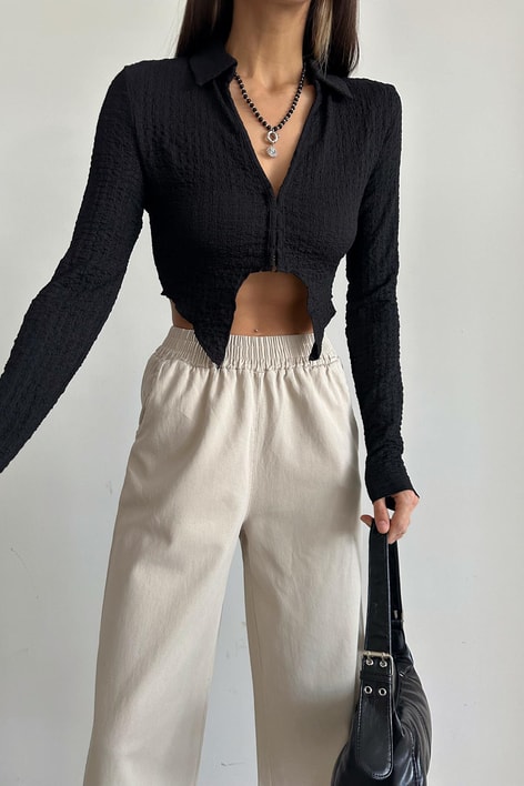 Gofre Asimetrik Crop Gömlek Siyah