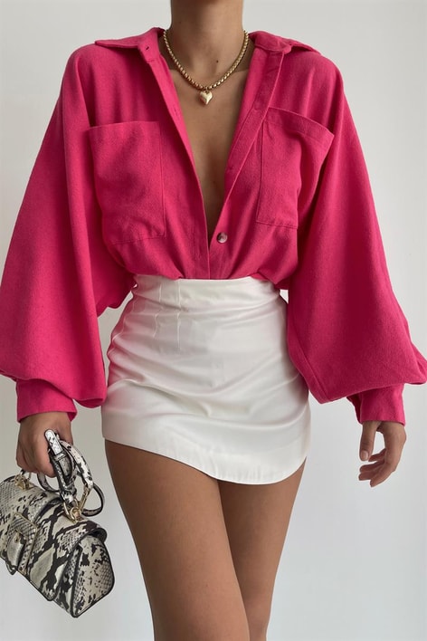 Ham Keten Kol Büzgülü Gömlek Fuşya