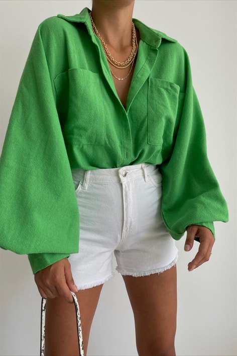 Ham Keten Kol Büzgülü Gömlek Yeşil