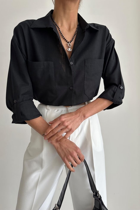 İki Cep Keten Gömlek Siyah