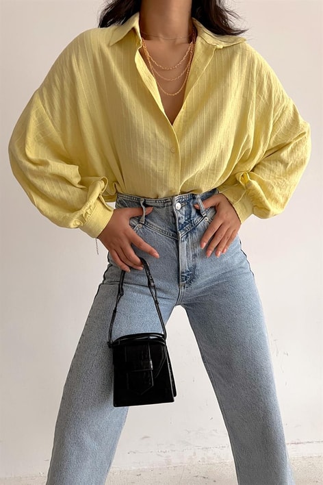 İşlemeli Oversize Gömlek Sarı