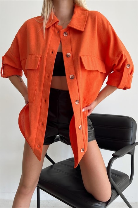Kemik Düğmeli Cep Detay Gömlek Oranj