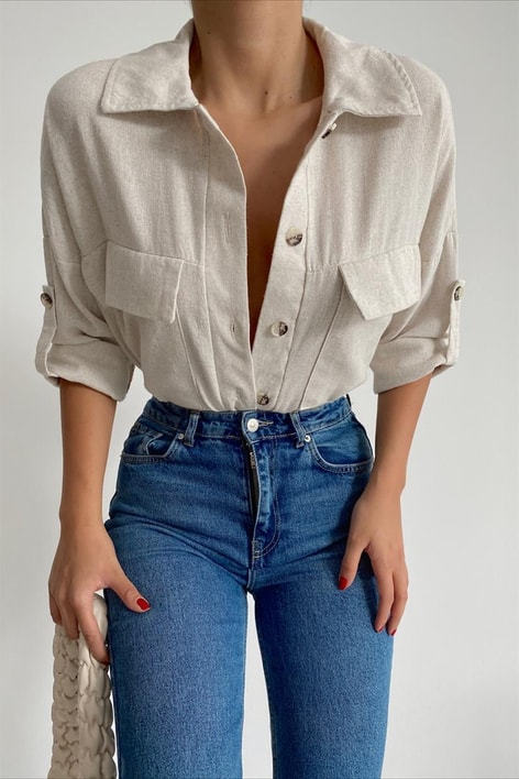 Kemik Düğmeli Cep Detay Gömlek Taş