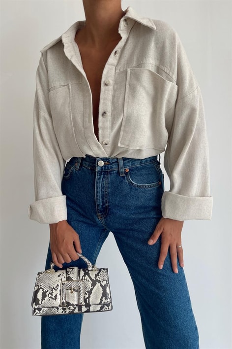 Kemik Düğmeli Ham Keten Gömlek Taş