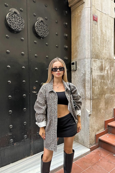 Leopar Desen Oversize Gömlek Kahve