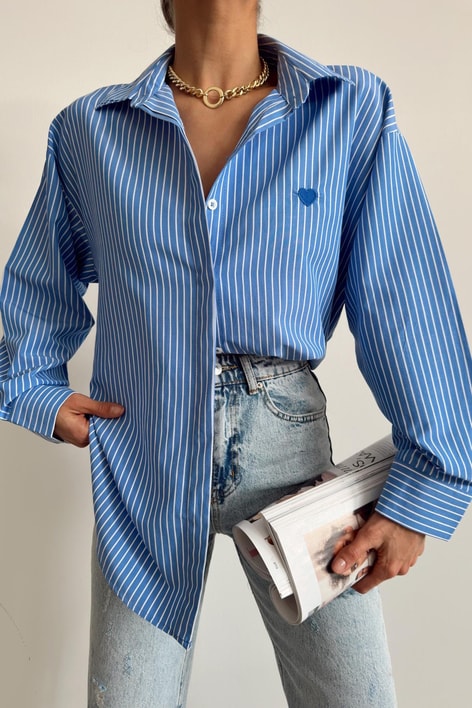 Mini Kalp Detaylı Çizgili Gömlek Mavi