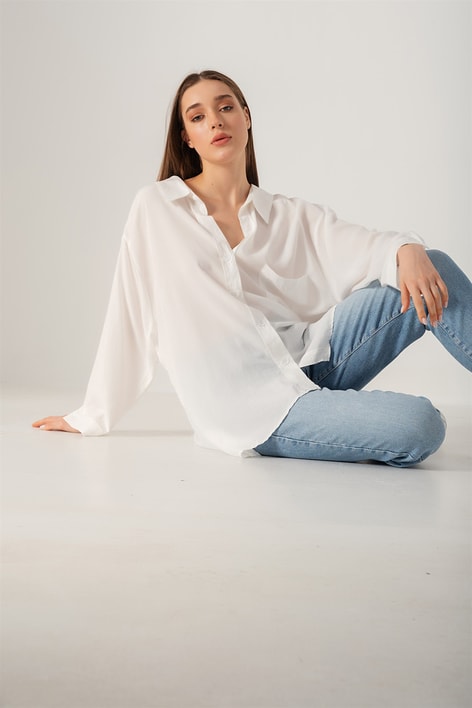 Omzu Düşük Oversize Gömlek Beyaz