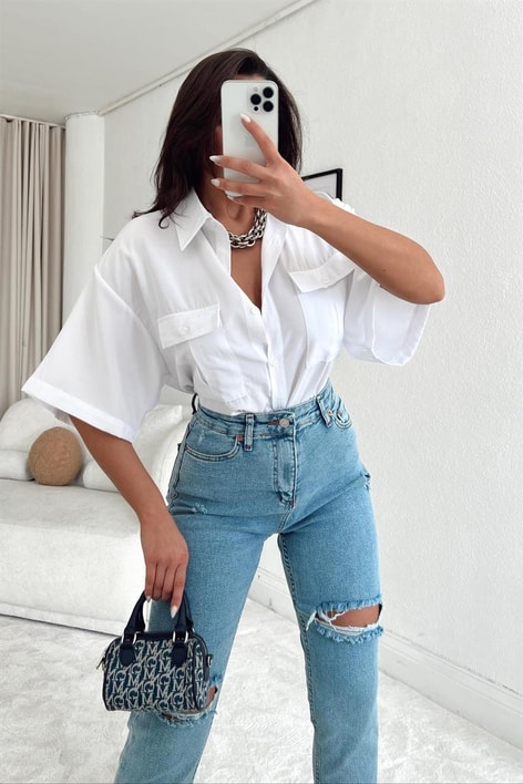 Ön Cep Detaylı Salaş Gömlek Beyaz