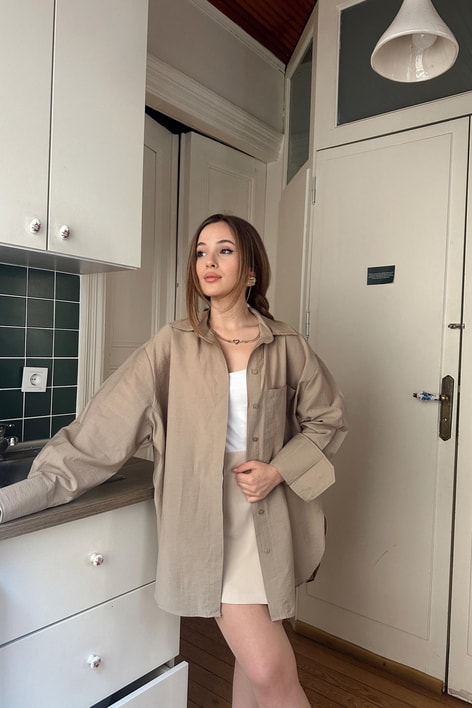 Pamuklu Tek Cep Gömlek Vizon