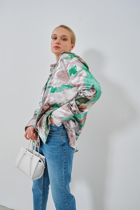 Pastel Oversize Saten Gömlek Yeşil