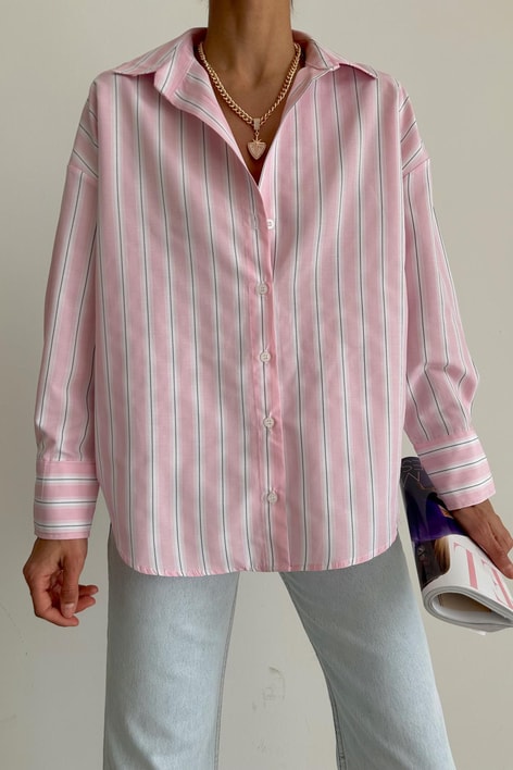 Relax Kesim Çizgili Gömlek Pembe