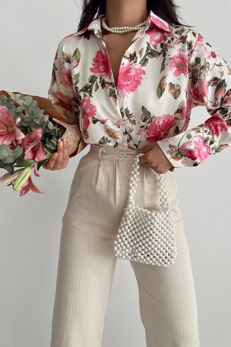 Rose Saten Gömlek Krem