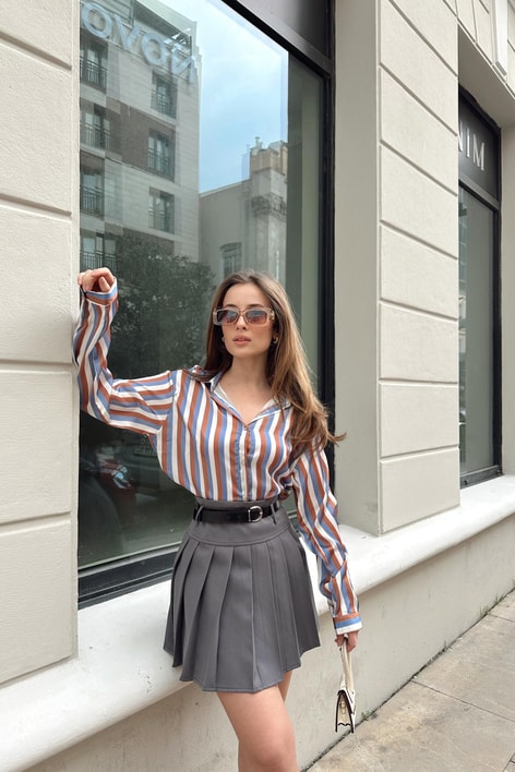 Saten Çizgili Gömlek Kahve