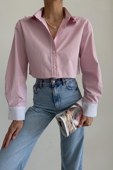 Şerit Detay Crop Gömlek Pembe