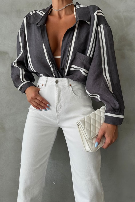 Şeritli Oversize Stripe Gömlek Siyah