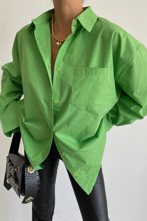Sırt Düğme Detay Poplin Gömlek Fıstık Yeşili