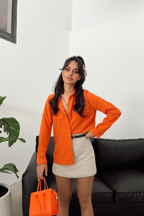 Süs Cep Detay Basic Gömlek Oranj