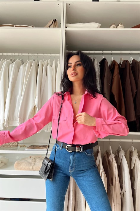 Süs Cep Detay Basic Gömlek Pembe