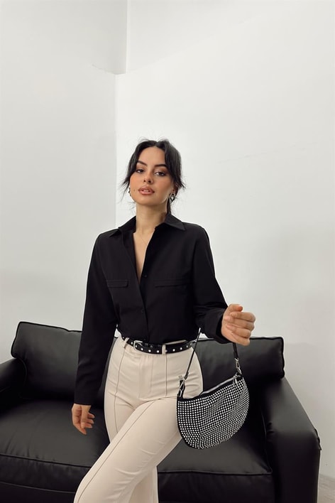 Süs Cep Detay Basic Gömlek Siyah