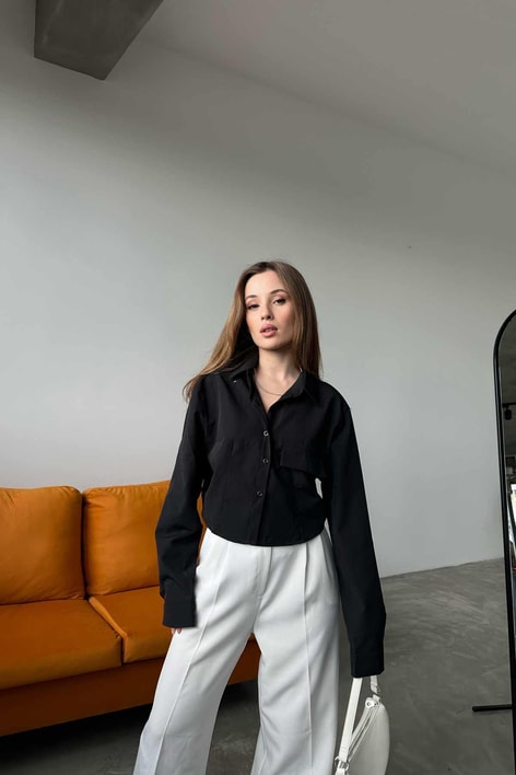 Tek Cep Crop Gömlek Siyah