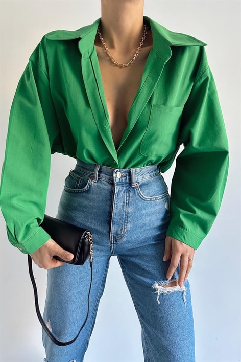 Tek Cep Oversize Gömlek Benetton Yeşili