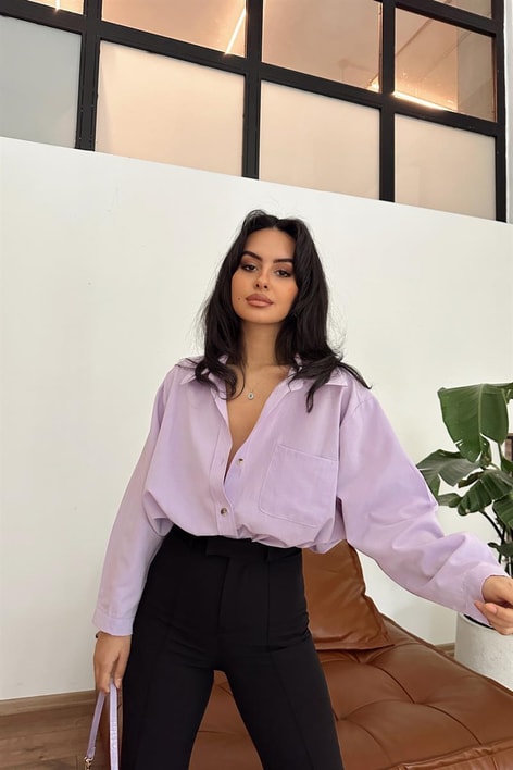 Tek Cep Oversize Gömlek Lila