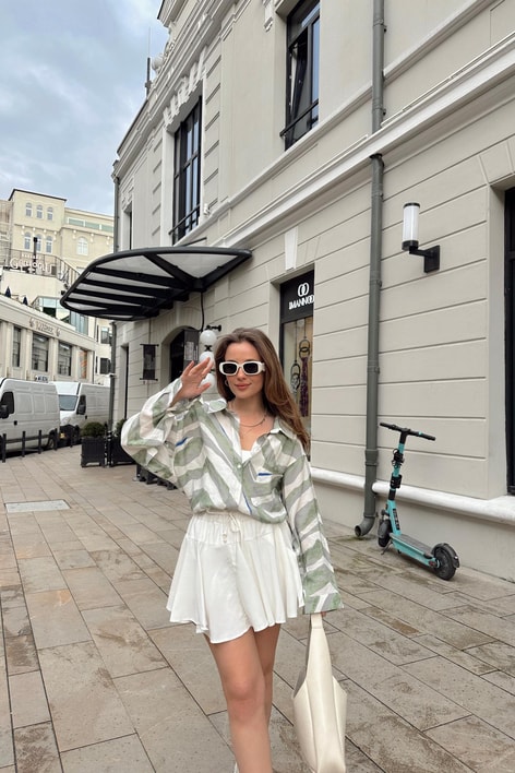 Wave Desen Oversize Gömlek Yeşil